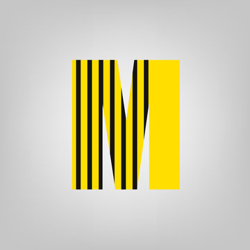 Vector stripped alphabet. Letter M.Gray gradient background
