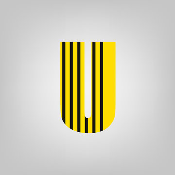 Vector stripped alphabet. Letter U.Gray gradient background