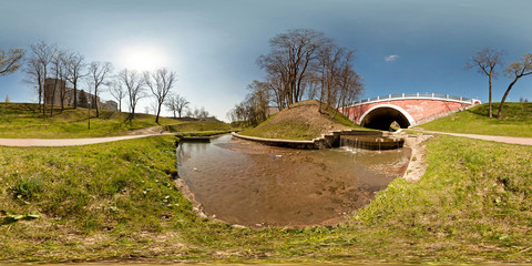 Wall Mural - 360 panorama view near the river and pink bridge in sunny day. Full 360 by 180 degree seamless panorama  in equirectangular spherical projection. skybox for VR content