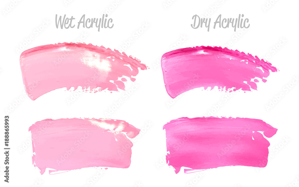 Vector pink paint smear stroke stain set. Abstract pink glittering textured art illustration. Acrylic Texture Paint Stain Illustration. Hand drawn brush strokes vector elements. Acrilyc strokes.