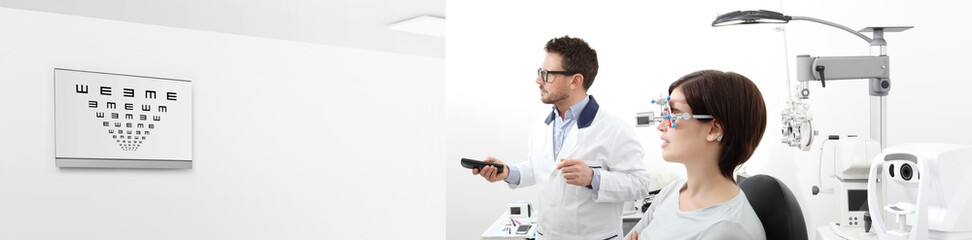 woman in the optometrist office examining her eyesight, he is pointing at the chart monitor remote controller, eye care concept, web banner template