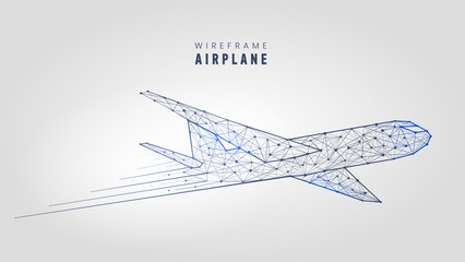 Wall Mural - Polygonal airplane, wireframe structure. Template low poly plane on gray background vector illustration