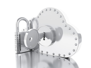 Poster - 3d cloud locked by key on white background.