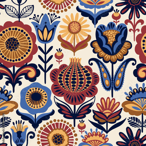 Cotton fabric Folk floral seamless pattern.
