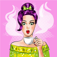 Vector Pop Art Girl With Cup Of Hot Coffee