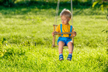 Wall Mural - Rural scene with toddler boy swinging outdoors.