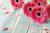 Deep color bouquet from beautiful gerbera daisy flowers on vintage wooden background. Greeting card for mother or womans day..