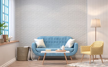 Vintage Living Room 3d Rendering Image.The Rooms Have  Wooden Floors And White Brick Walls.furnished With Blue Sofa And Yellow Chair There Are Blue Window Overlooking To The Nature.
