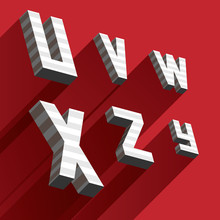 Isometric Letters U V W X Y Z Drawn With Stripes And Fallen Shadows On Red Background. Grey Letters, Good For Lettering And Writing Qoutes