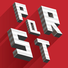 Poster - Isometric letters P Q R S T drawn with stripes and fallen shadows on red background. Grey letters, good for lettering and writing qoutes