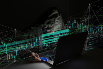 Poster - hacker man in the dark using computer to hack data and information system