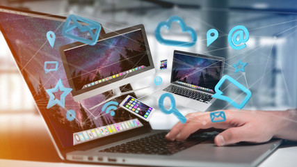 Poster - Devices like smartphone, tablet or computer flying over connection network and app- 3d render