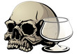 Death from alcohol. A human skull and an empty glass. The symbol of the fight against alcoholism.