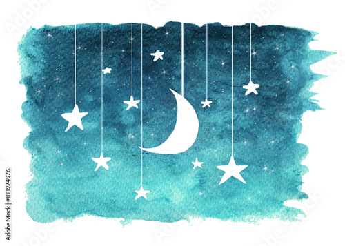 ksiezyc-i-gwiazdy-wiesza-od-sznurkow-malowalismy-w-akwareli-na-bialym-odosobnionym-tle-nocnego-nieba-tlo