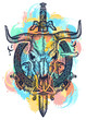 Skull bull and ancient sword tattoo water color splashes. Symbol of force, courage. Scandinavian mythology. Viking tattoo art print t-shirt design