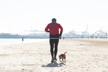 Senior Man Exercising On Empty Sandy Beach With His Dog Running Next To Him. Valencia, Spain In Wintertime.