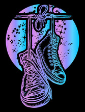Boots Hanging From Electrical Wire T-shirt Design. Symbol Of Freedom, Street Culture, Graffiti, Street Art. Sneakers On Wires In Space