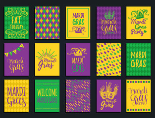 Mardi Gras vector hand lettering greeting cards set. Fat,Shrove Tuesday illustrations of jester hats,masks for stickers.