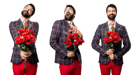 Wall Mural -  Set of Surprised Well dressed man holding flowers