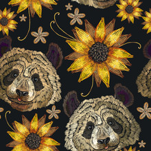 Embroidery Panda Head And Sunflowers Seamless Pattern. Fashion Template For Clothes, Textiles, T-shirt Design. Classical Embroidery Portrait Of Funny Panda Bear Pattern