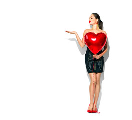 Poster - Valentine's Day. Beauty girl with red heart shaped air balloon, isolated on white background