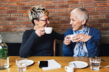 Wall Mural - Senior mother sitting in cafe bar or restauant with her middle age daughter and enjoying in conversation.