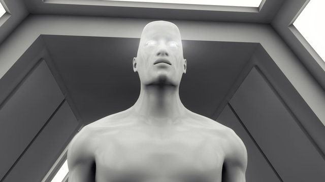 3d rendering. Humanoid head and futuristic room