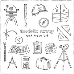 Hand drawn doodle geodetic survey set.