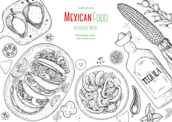 Wall Mural - Mexican food top view frame. A set of classic mexican dishes with tacos, fajita, poblano. Food menu design template. Vintage hand drawn sketch vector illustration. Mexican cuisine engraved image.