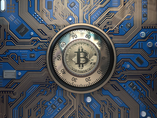Poster - Bitcoin cryptocurrency security  and mining concept. Safe lock with symbol of bitcoin on circuit board.