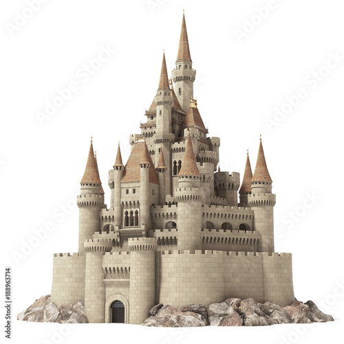 Fotomural Old fairytale castle on the hill isolated on white.