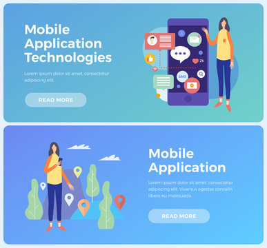 Banners on topic mobile application and Information technologies. Concept social networks and communication on Internet. Young woman with mobile phone and applications icons. Vector illustration.