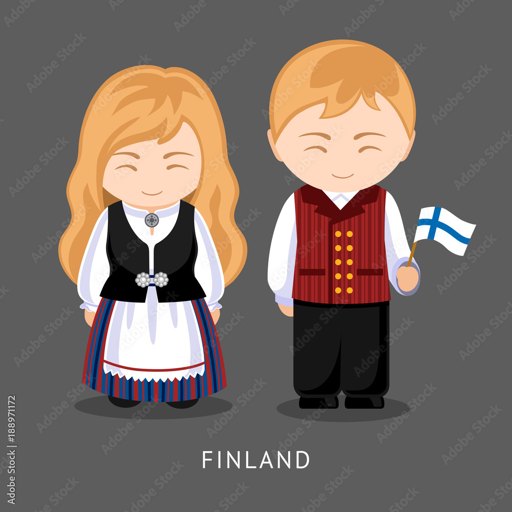 Finns in national dress with a flag. Man and woman in traditional costume.  Travel to Finland. People. Vector flat illustration. Stock Vector | Adobe  Stock, image size:1000x1000
