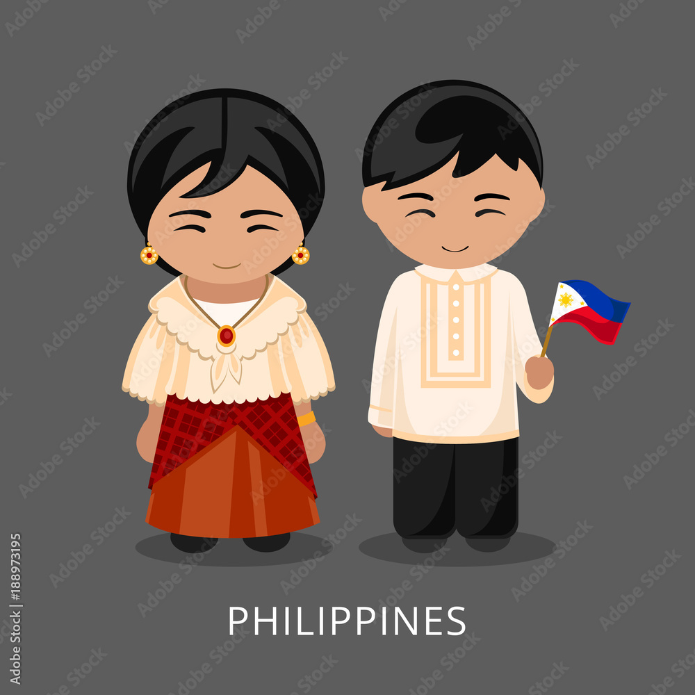 Filipinos in national dress with a flag. Man and woman in traditional  costume. Travel to Philippines. People. Vector flat illustration. Stock  Vector | Adobe Stock