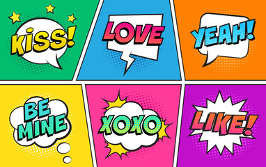 Wall Mural - retro comic speech bubbles set on colorful background. expression text kiss, love, yeah, be mine, xo