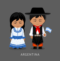 Wall Mural - Argentines in national dress with a flag. Man and woman in traditional costume. Travel to Argentina. People. Vector flat illustration.