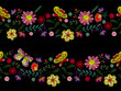 Embroidery line seamless pattern with flowers and butterfly. Vector embroidered floral bandes for clothing design.
