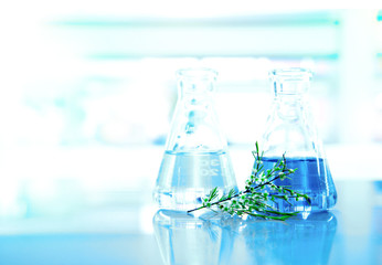 Wall Mural - blue liquid and water in glass flask with white flower with green leave in medical science laborator