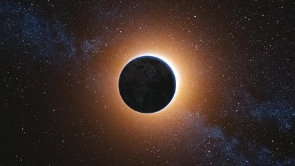 Wall Mural - space view on planet earth and sun star rotating on its axis in black universe. seamless loop with d