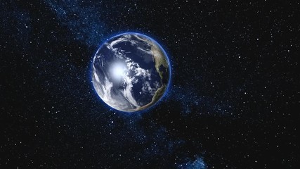 Wall Mural - beautiful blue earth with moon satellite approach, rotating and spinning in open space - cities ligh
