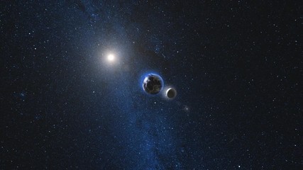 Wall Mural - planet earth and moon rotating and approach in open space, blue milky way in background. high detail