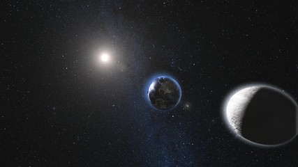 Wall Mural - planet earth and moon rotating and approach in open space in black universe of stars. high detail 4k