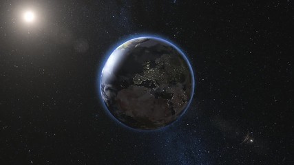 Wall Mural - realistic earth, rotating in space against the background of the starry sky and the sun (loop). plan