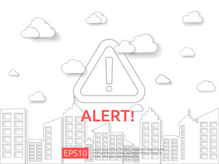 Poster - attention exclamation warning alert mark symbol sign with cloud and building background. internet se