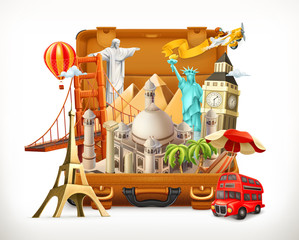 Travel, tourist attraction in suitcase, 3d vector illustration