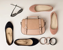 Women's Accessories - Gently Pink, Flesh-colored - Shoes, Bag And Sunglasses.