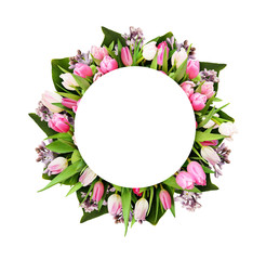 Pink tulips and lilac flowers in round frame