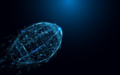 Aufkleber - Abstract rugby ball from lines and triangles, point connecting network on blue background. Illustration vector