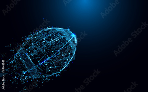 Photographie Abstract rugby ball from lines and triangles, point connecting network on blue background