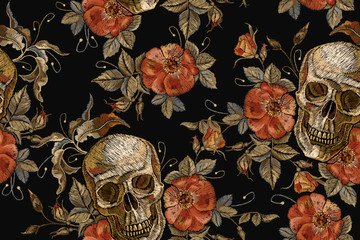 Wall Mural - Embroidery vintage skull and roses seamless pattern. Gothic romanntic embroidery human skulls red roses and pink peonies pattern, clothes template and t-shirt design. Dia de muertos, day of the dead